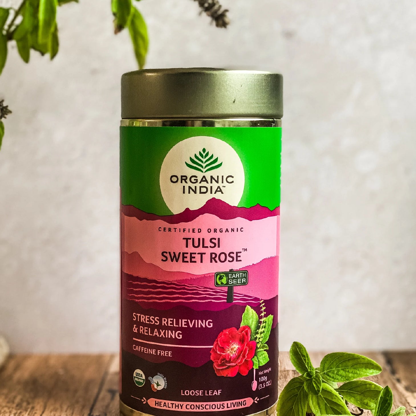 Tulsi orgánico de la India, rosa dulce, lata de 100 g