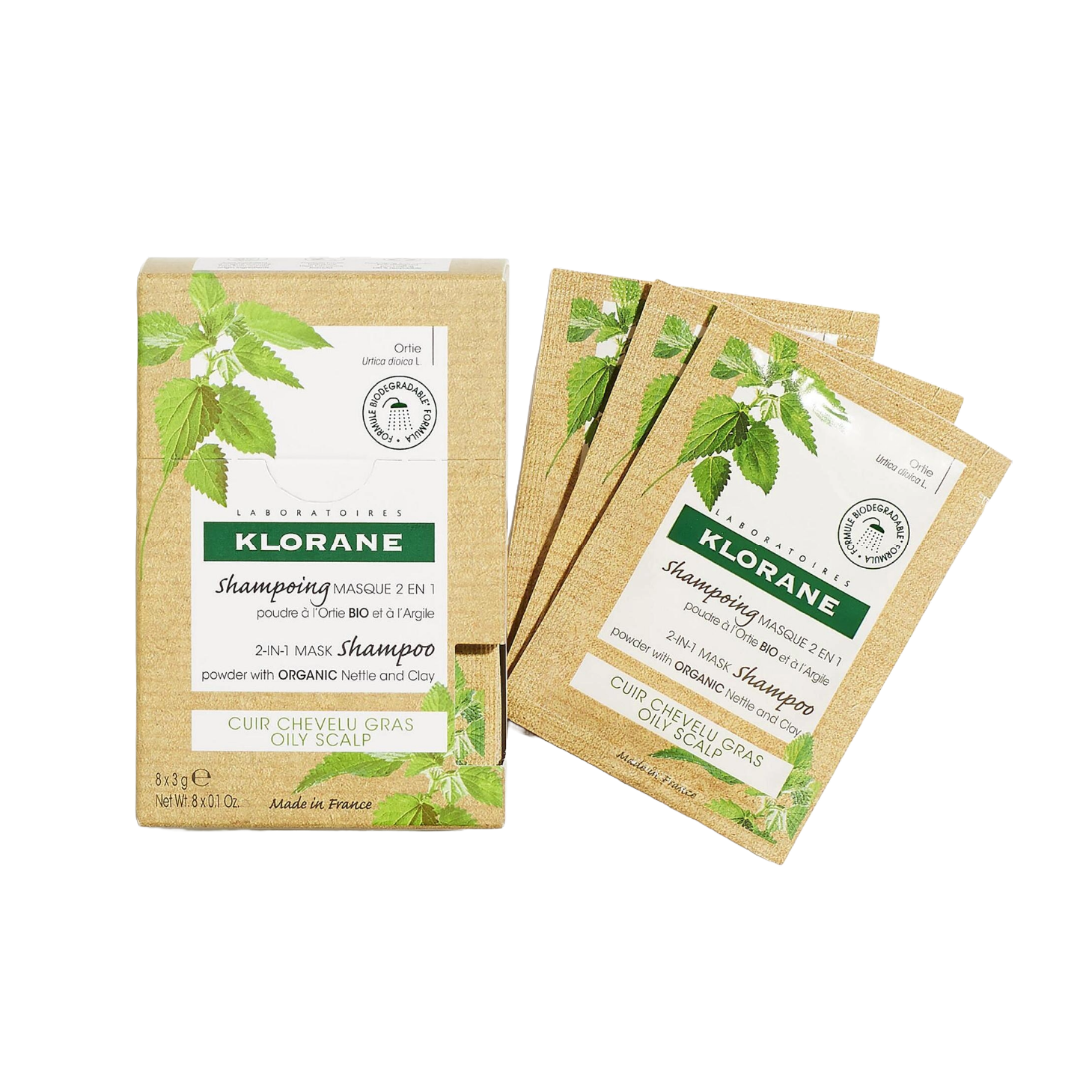 Mascarilla en polvo con champú de ortiga blanca Klorane para cabello graso (3 g x 8 sobres)