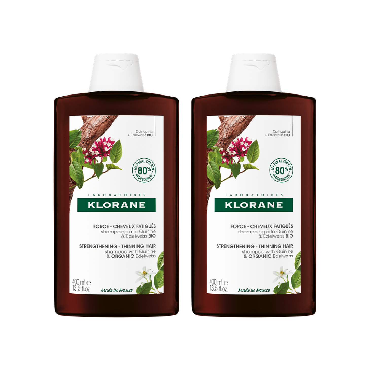Champú orgánico Klorane Quinina y Edelweiss 400 ml x 2 unidades