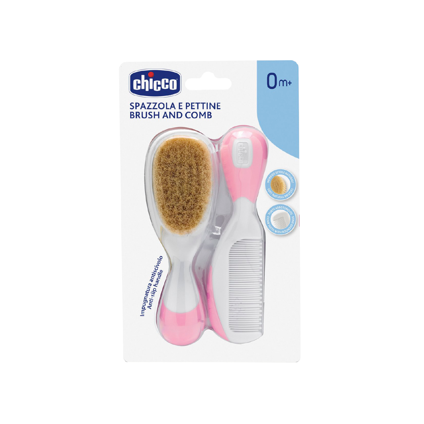 Chicco Escova e Pente Cerdas Naturais Rosa +0 Meses