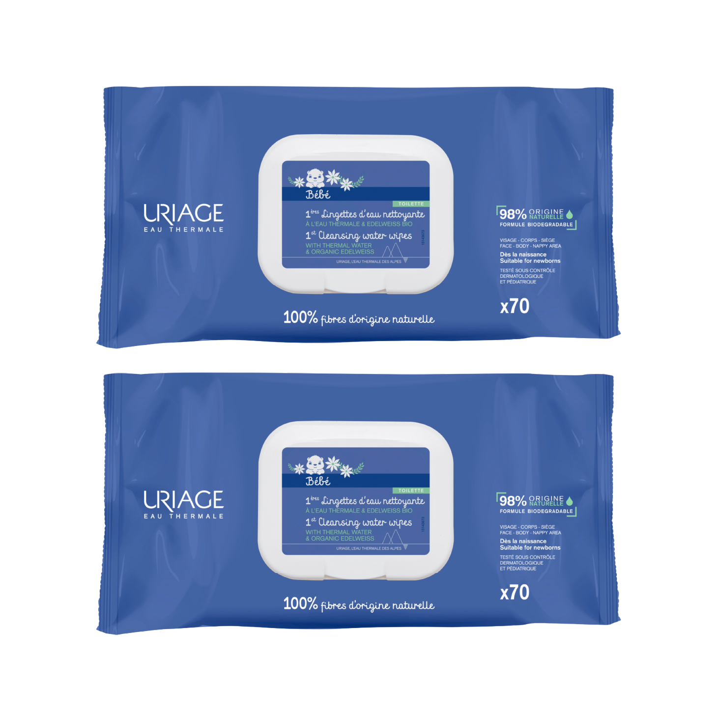 Uriage Bebé 1ºS Toalhetes de Limpeza Água 70 Toalhetes x 2 Unidades