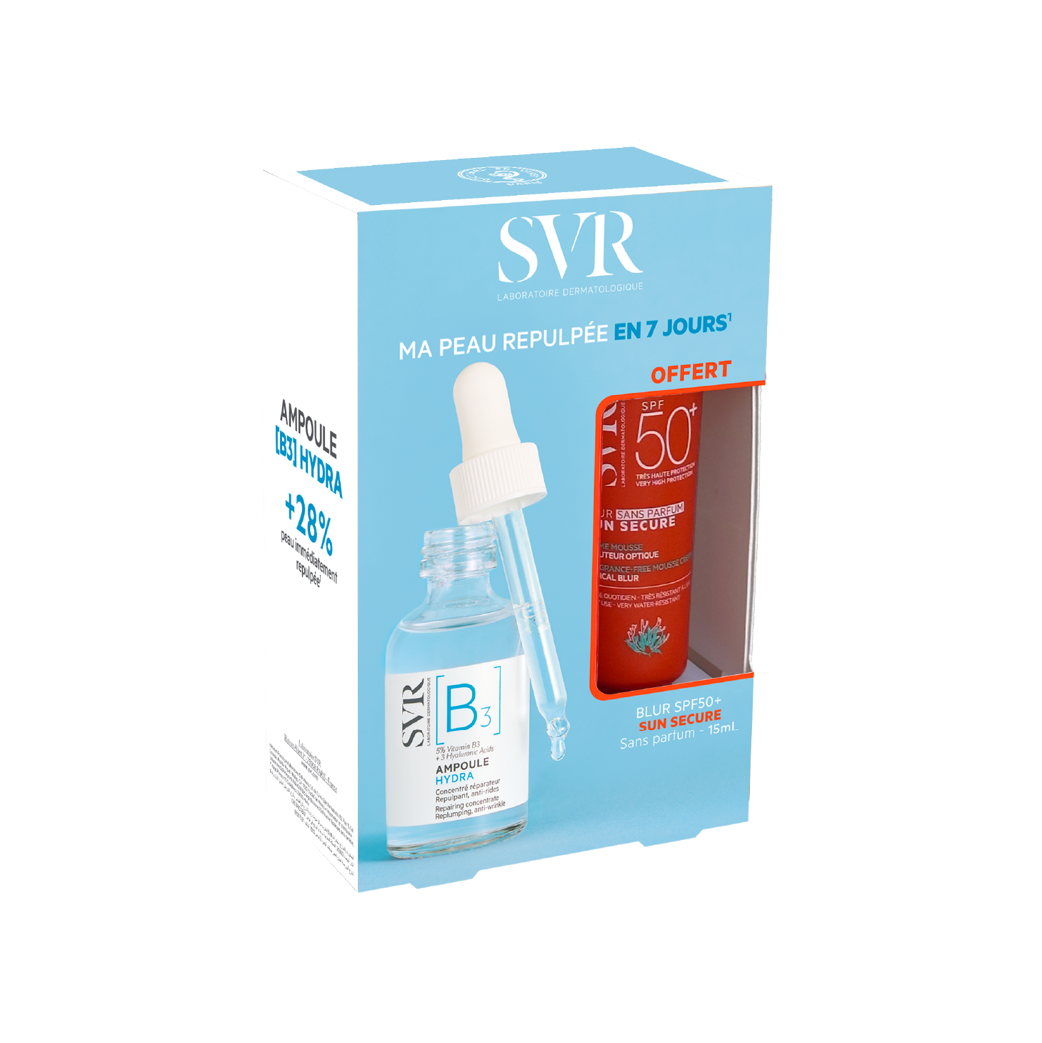 Set de regalo de ampollas SVR [B3] Hydra 30 ml + Sun Secure Blur sin perfume FPS 50+ 15 ml