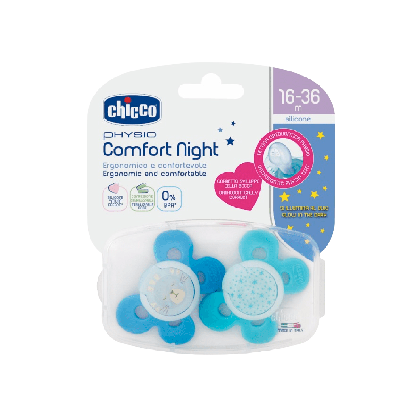 Chicco Physio Comfort Night Chupetas Luminosas Azul 16-36 Meses x2 Unidades