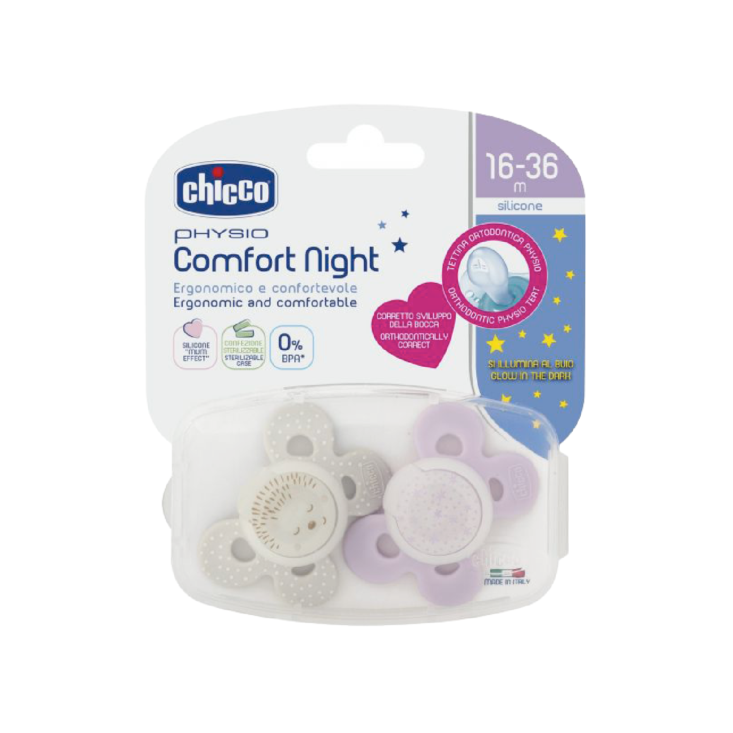 Chicco Physio Comfort Night Chupetas Rosa+Bege 16-36 Meses x2 Unidades