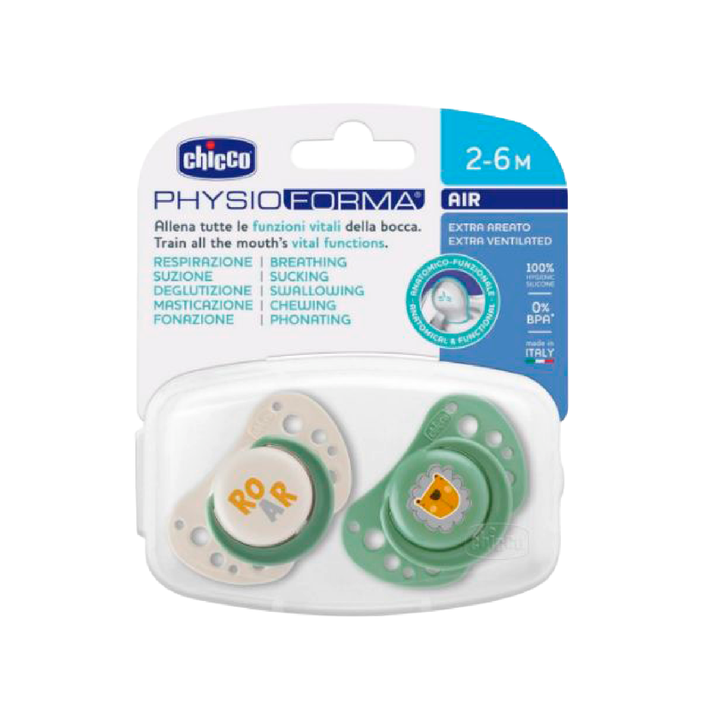 Chicco PhysioForma Air Chupetas Branco+Verde 2-6 Meses x2 Unidades
