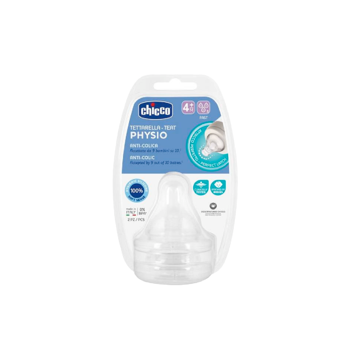 Chicco Physio Tetina Silicone Fluxo Rápido +4 Meses x2 Unidades