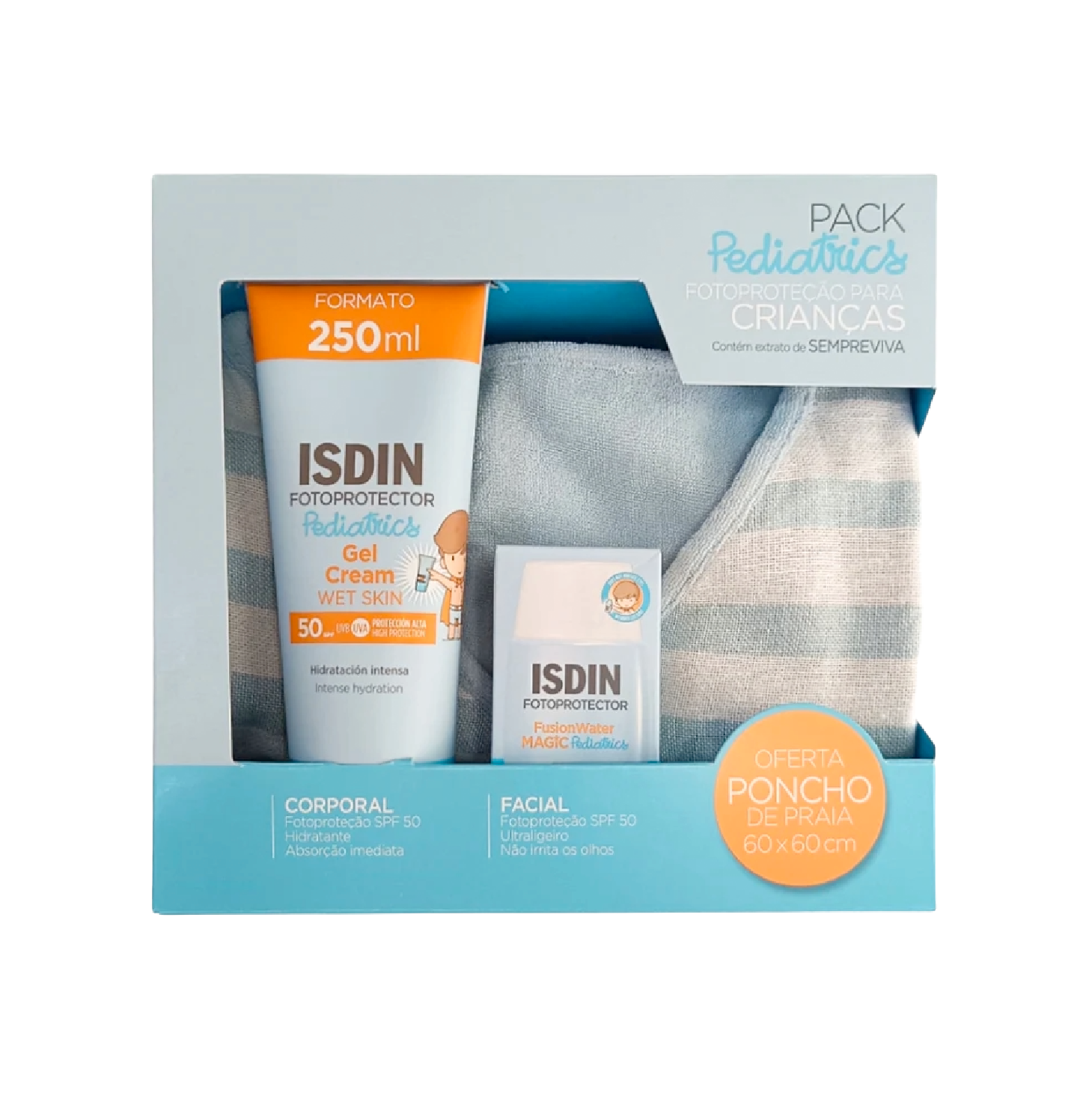 Isdin Fotoprotector Pediatrics Gel Creme Wet Skin SPF50 250ml + Fusion Water Magic SPF50 50ml + Poncho