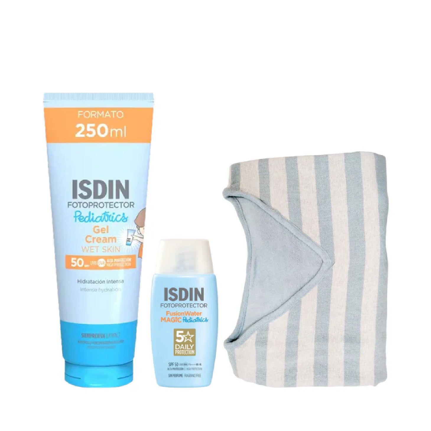 Isdin Fotoprotector Pediatrics Gel Creme Wet Skin SPF50 250ml + Fusion Water Magic SPF50 50ml + Poncho