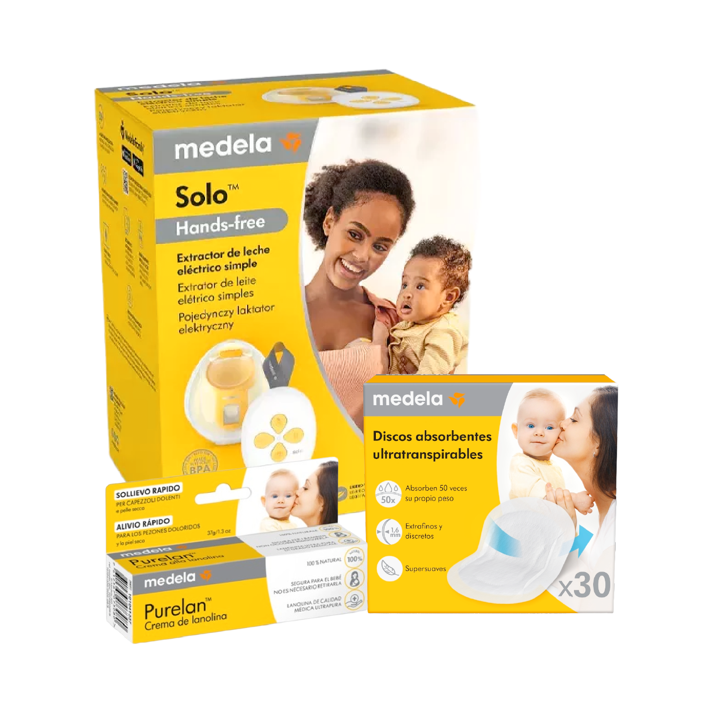 Medela Solo Hands Free Extrator de Leite + Purelan + Protetores de Seio x 30 Unidades