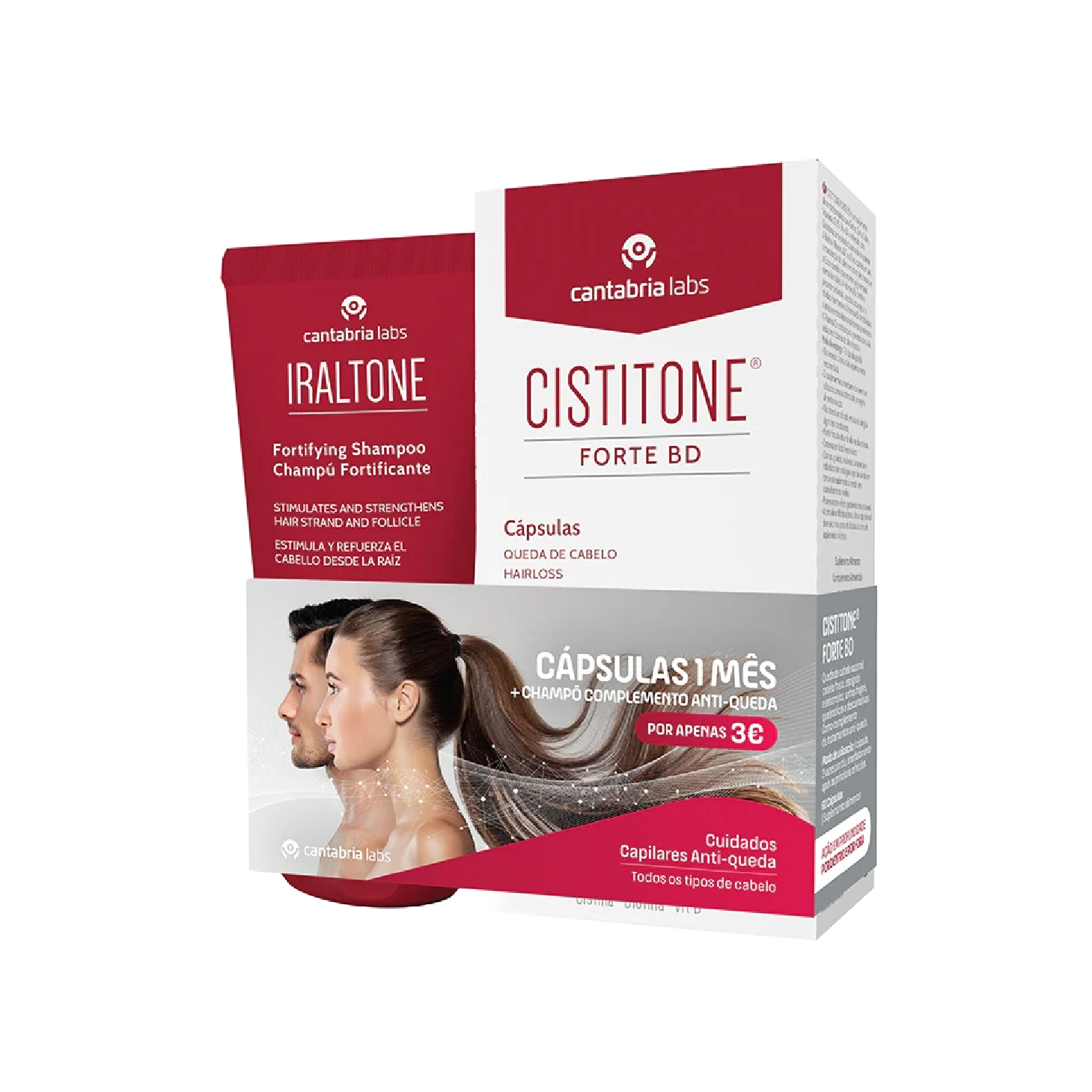 Pack com Cistitone Forte BD de 60 Cápsulas e Iraltone Champô Fortificante de 200ml
